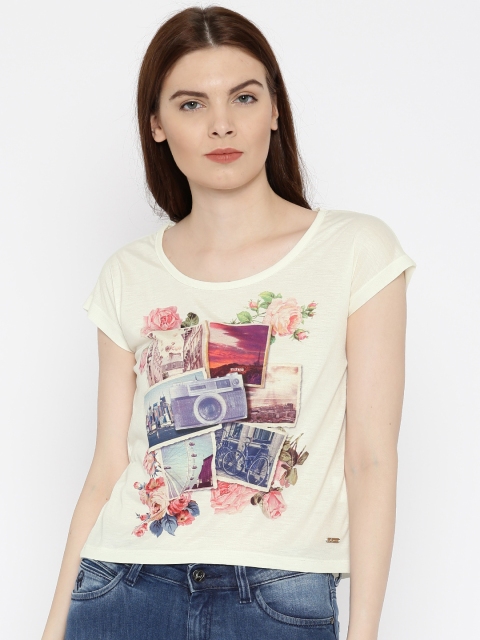 

Flying Machine Women Cream-Coloured Printed Round Neck T-shirt