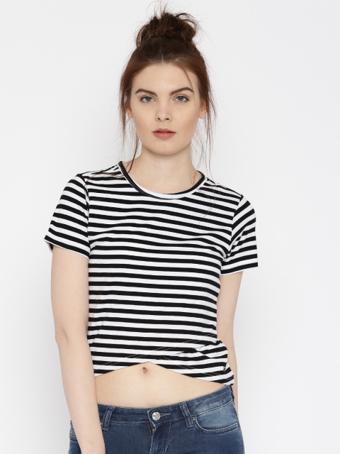 

Flying Machine Women White & Black Striped Round Neck Crop T-shirt