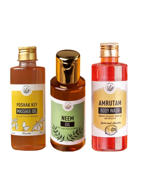 

AMRUTAM Set of Poshak Key Massage Oil, Neem Oil & Kesar Chandan Body Wash, Orange