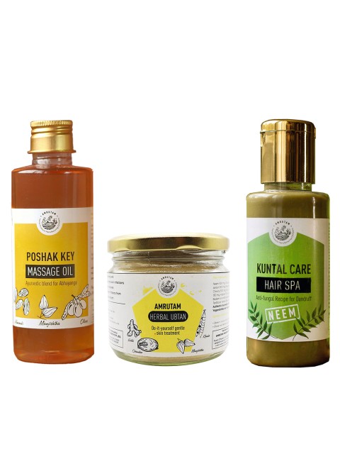 

AMRUTAM Set of Poshak Key Massage Oil, Herbal Ubtan & Kuntal Care Neem Hair Spa, Orange