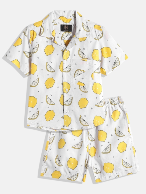 

URBAN HUG Kids White Printed Pure Cotton Shirt with Shorts