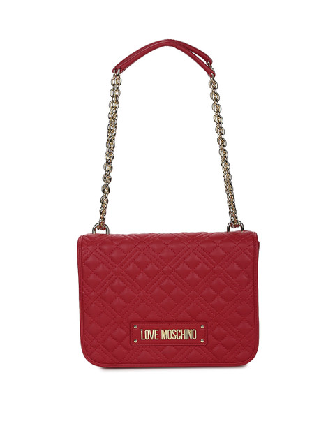 

LOVE MOSCHINO Red Checked Leather Structured Shoulder Bag with Quilted