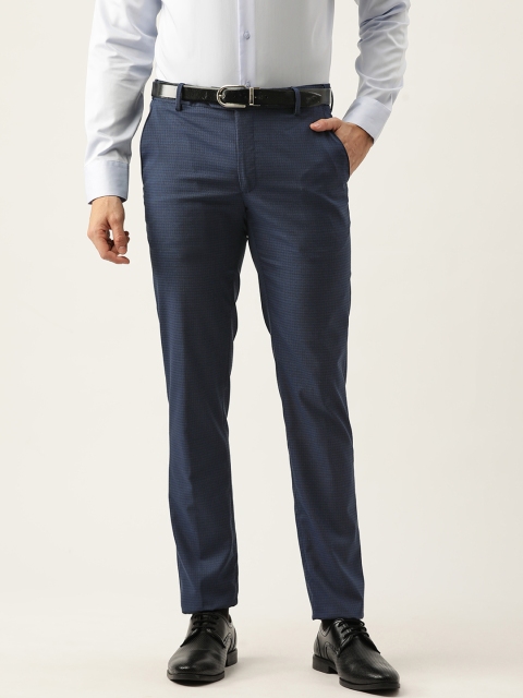 

Peter England Men Navy Blue Self Checked Slim Fit Trousers