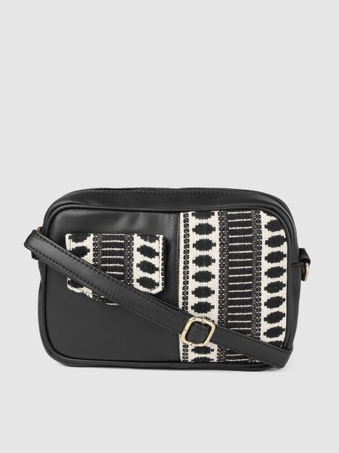 

AccessHer Black Geometric Leather Structured Sling Bag with Applique