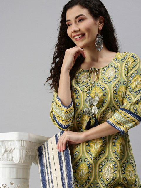 

SHOWOFF Women Green Ethnic Motifs Printed Gotta Patti Three-Quarter Sleeves Kurta