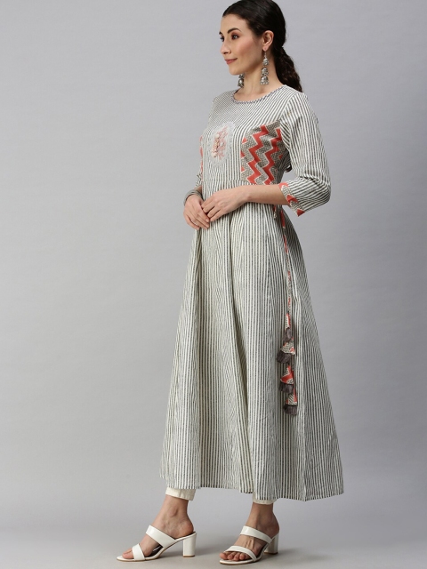 

SHOWOFF Women White Striped Thread Work A-Line Kurta