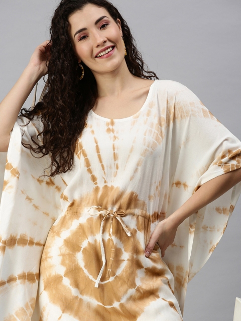 

SHOWOFF Women Brown & Off White Printed Flared Sleeves Round Neck Kaftan Kurta