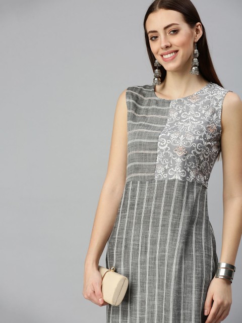 

SHOWOFF Women Grey Striped Cotton Blend Sleeveless Sequinned A-Line Kurta