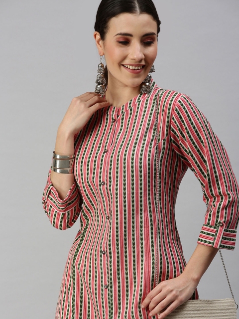 

SHOWOFF Women Pink Striped Cotton Blend Mandarin Collar A-Line Kurta