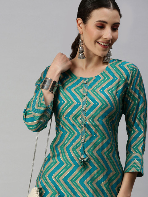 

SHOWOFF Women Blue Chevron Printed Kurta