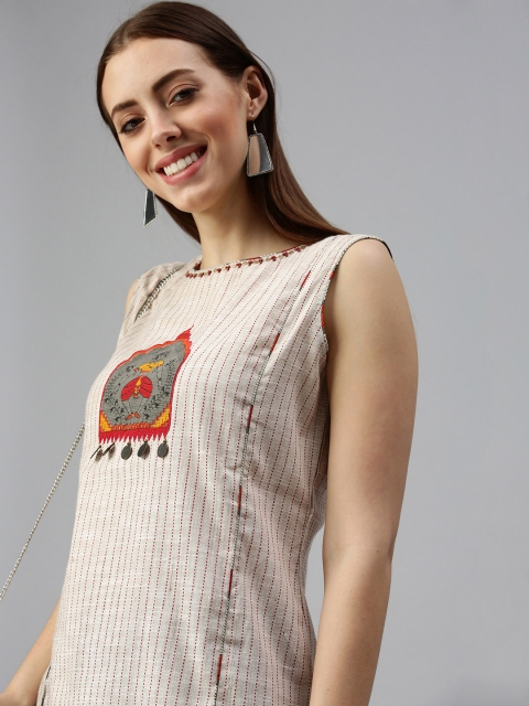 

SHOWOFF Women Beige Striped Sleeveless Round Neck Thread Work Straight Kurta