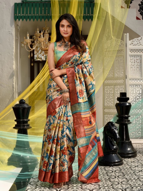 

Charukriti Beige & Yellow Floral Zari Pure Silk Saree