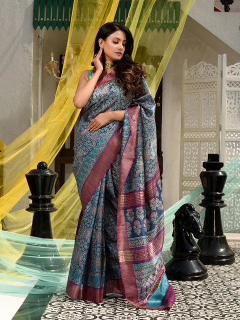 

Charukriti Blue & Pink Ethnic Motifs Zari Pure Silk Saree
