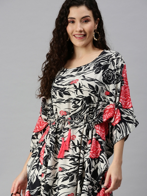 

SHOWOFF Women Off White & Black Floral Printed Flared Sleeves Kaftan Kurta