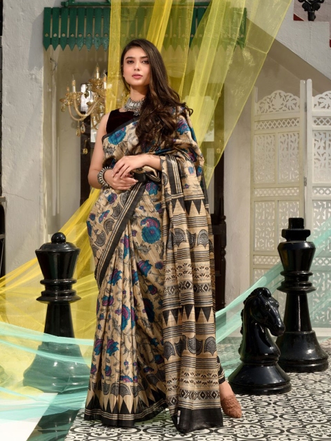 

Charukriti Beige & Teal Blue Ethnic Motifs Pure Silk Saree