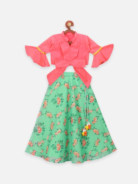 

LilPicks Girls Pink Floral Printed Cotton Top with Skirt