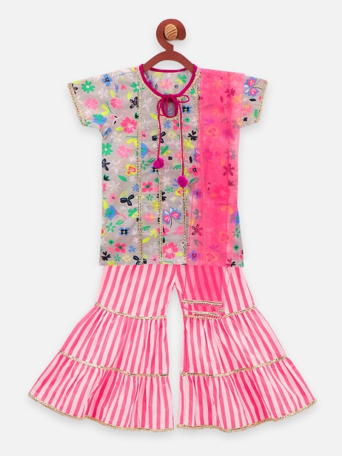 

LilPicks Girls White Floral Printed Gotta Patti Pure Cotton Kurti with Sharara