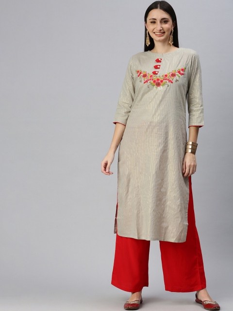 

SHOWOFF Women Grey Floral Thread Work Straight Kurta Sets