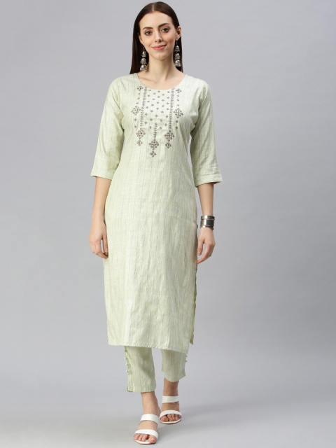 

SHOWOFF Women Green Striped Kurta with Trousers