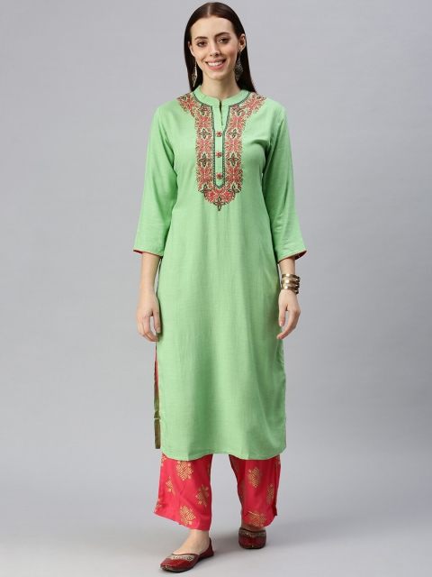 

SHOWOFF Women Green Solid Three-Quarter Sleeves Mandarin Collar Straight Kurta Sets