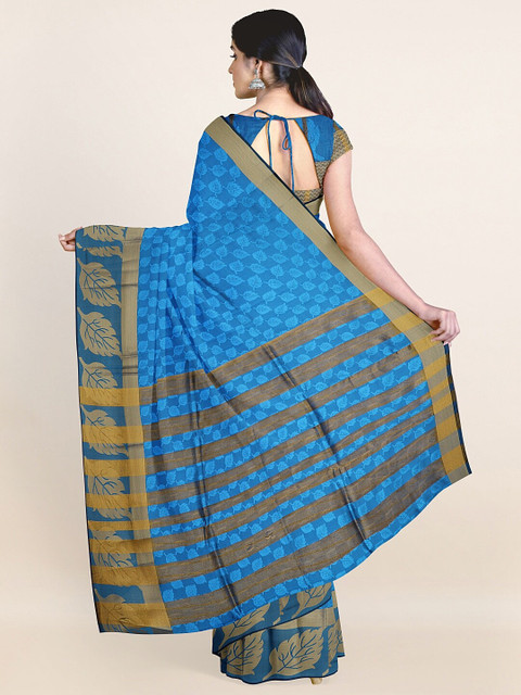 

Pothys Blue & Gold-Toned Floral Woven Design Zari Saree