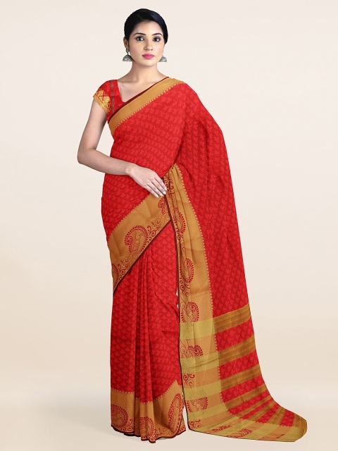 

Pothys Red & Gold Ethnic Motifs Woven Design Cotton Blend Zari Saree