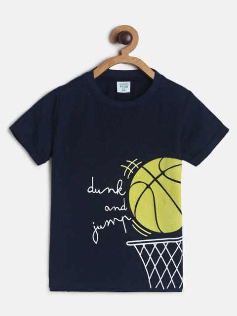 

MINI KLUB Boys Navy Blue & Yellow Graphic Printed Pure Organic Cotton T-shirt