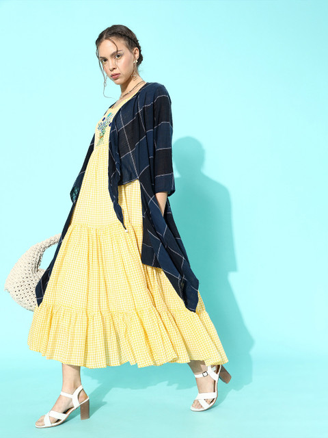 

ZOLA Women Yellow & Navy Blue Checked A-Line Layered Maxi Dress & Jacket