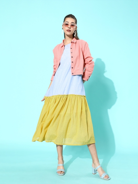 

ZOLA Women Blue & Mustard Yellow Colourblocked Layered Midi A-Line Dress & Jacket