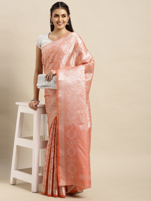 

PERFECTBLUE Peach-Coloured & Silver Woven Design Pure Silk Saree