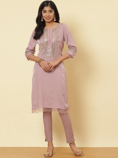 

Lakshita Women Pink Geometric Yoke Design Flared Sleeves Thread Work Kurta