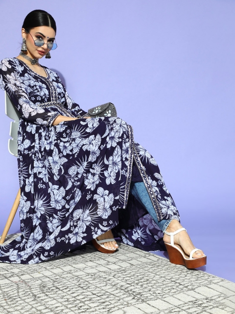 

ZOLA Deep Navy Blue Georgette Swirling Volume Kurta