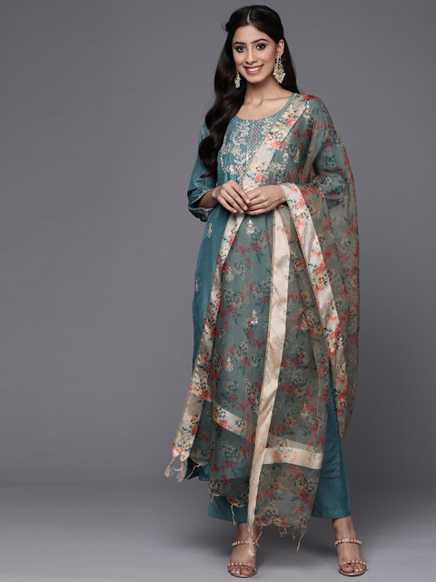 

Varanga Women Teal Blue & Golden Embroidered Kurta with Trousers & Dupatta