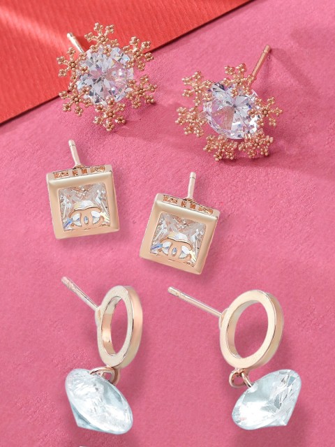 

Zaveri Pearls Set of 3 Rose Gold Plated & White Contemporary Drop Earrings & Studs