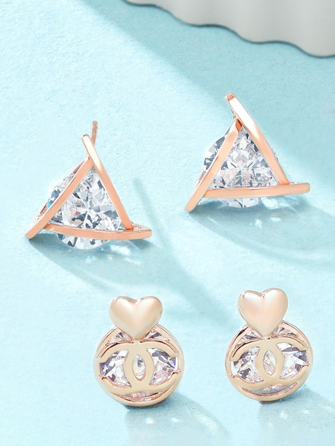 

Zaveri Pearls Set Of 2 Rose Gold-Toned & Plated CZ-Studded Contemporary Studs Earrings