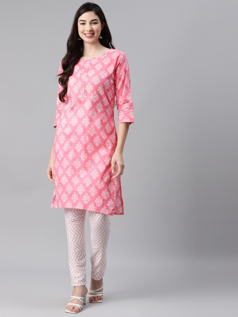 

Aarika Women Pink Ethnic Motifs Printed Pure Silk Kurta with Churidar