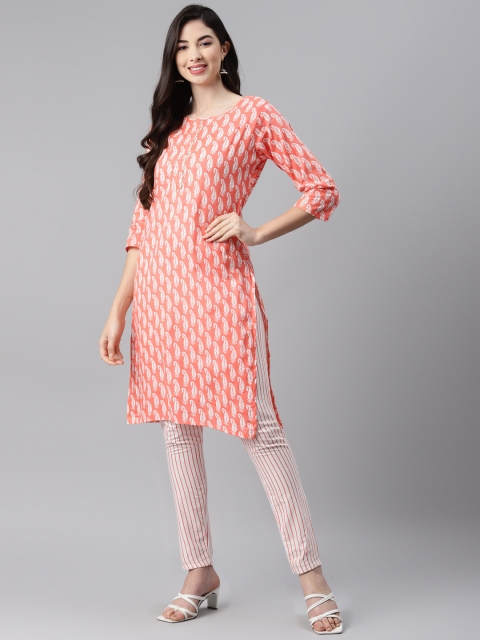 

Aarika Women Peach-Coloured Ethnic Motifs Printed Pure Silk Kurta with Trousers