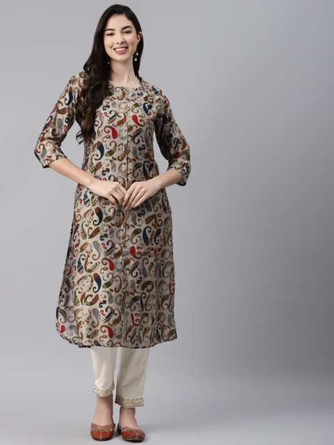 

Aarika Grey Ethnic Motifs Printed Pure Cotton Kurti