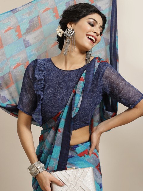 

SIRIL Blue & Orange Printed Saree