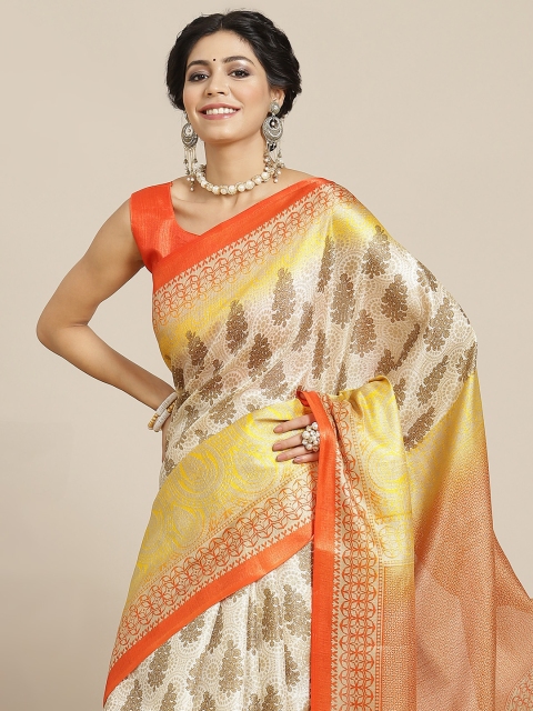

SIRIL Off White & Orange Ethnic Motifs Art Silk Khadi Saree