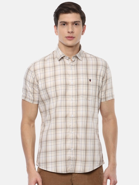 

Louis Philippe Jeans Men Cream-Coloured Slim Fit Checked Pure Cotton Casual Shirt