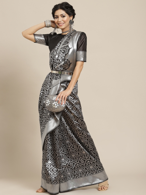 

SIRIL Black & Silver-Toned Ethnic Motifs Zari Kanjeevaram Saree