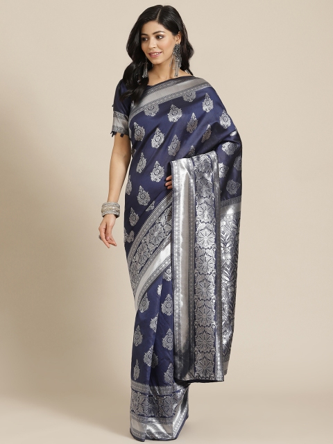 

SIRIL Navy Blue & Silver-Toned Ethnic Motifs Zari Kanjeevaram Saree