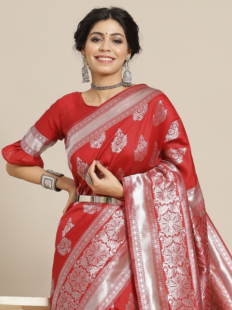 

SIRIL Red & Silver-Toned Ethnic Motifs Zari Kanjeevaram Saree