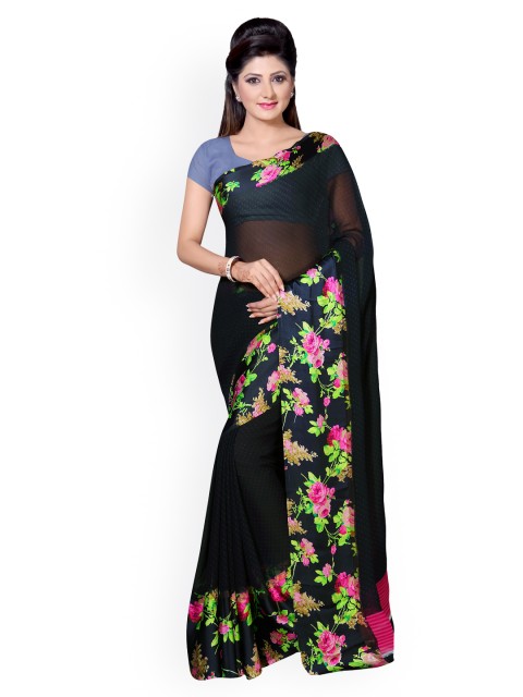 

Saree mall Navy Georgette Floral Print Saree, Navy blue