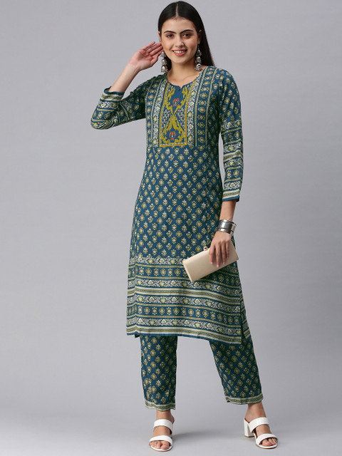 

ETIQUETTE Women Teal Blue Ethnic Motifs Printed Yoke Design Kurta with Trousers