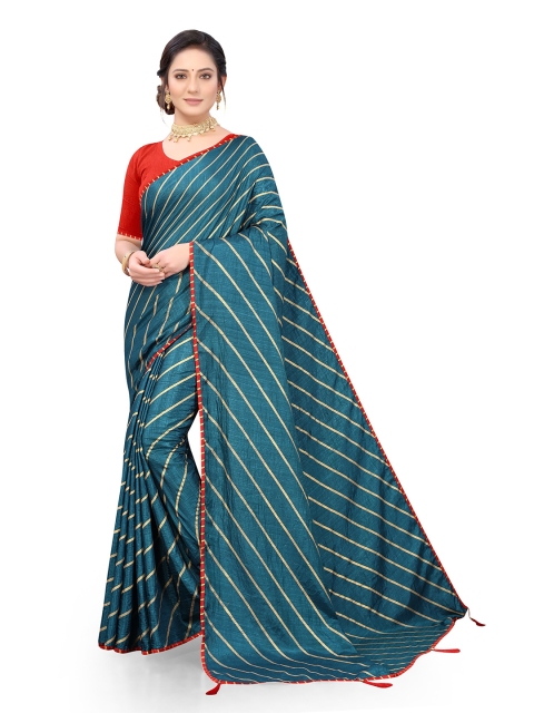 

Viva N Diva Teal Leheriya Printed Fusion Saree