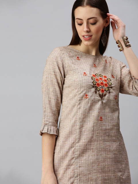 

SHOWOFF Women Brown & Orange Floral Embroidered Jute Cotton Straight Kurta with Trousers