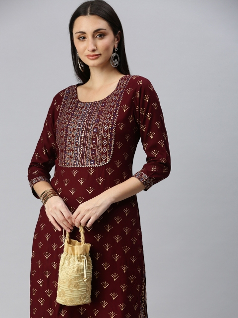 

SHOWOFF Women Maroon Ethnic Motifs Cotton Blend Straight Kurta & Trousers