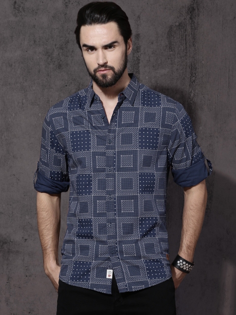 

Roadster Men Navy & White Printed Casual Shirt, Navy blue